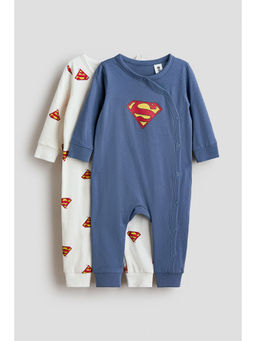 H&M - Boys Blue 2-Pack Printed Cotton Sleepsuits