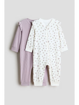 H&M - Girls White 2-Pack Ribbed Cotton Sleepsuits
