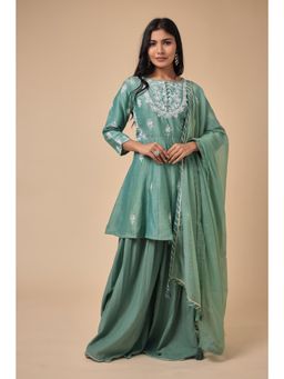 Zari Jaipur - Green Kurta with Sharara and Dupatta (Set of 3)
