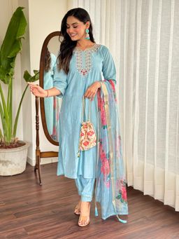 Lush Glam - Blue Luxurious Embroidered Kurta Pant and Dupatta (Set of 3)