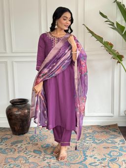Lush Glam - Purple Luxurious Embroidered Kurta Pant and Dupatta (Set of 3)