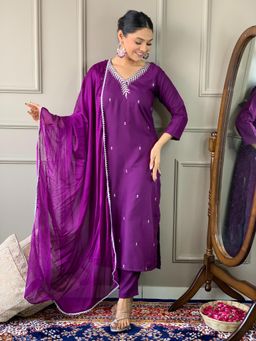Lush Glam - Purple Women Traditional Heavy Embroidery Kurta Pant Dupatta (Set of 3)