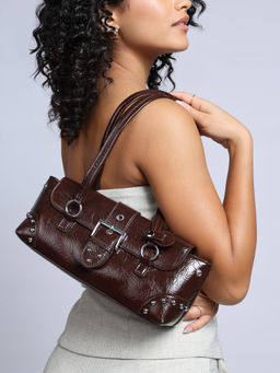 RSVP by Nykaa Fashion - Women's Dark Brown Metal Studs Buckle Detail Flapover Baguette Bag