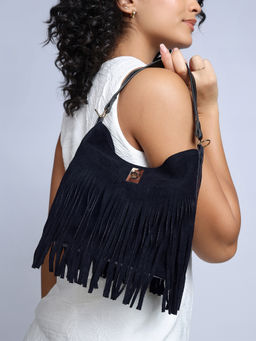 RSVP by Nykaa Fashion - Black Faux Suede Fringed Handbag For Women