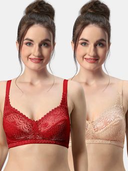 Sonari - C-9 Womens Lace Fabric Non-Padded Non-Wired Seamed T-Shirt Bra (Pack of 2)