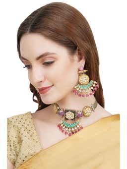 Auraa Trends - Kundan and Zircon Dull Gold Finish Choker Necklace Set with Pink Drops