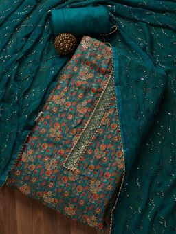 Koskii - Peacock Blue Zariwork Banarasi Semi-Stitched Salwar Suit