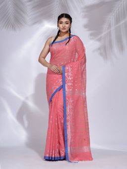 CHARUKRITI - Pink Pure Cotton Handwoven Saree with Geometric Border with Unstitched Blouse