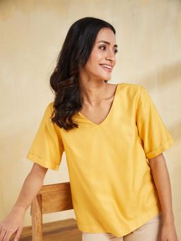 Fabindia - Women Yellow Viscose Silk Top