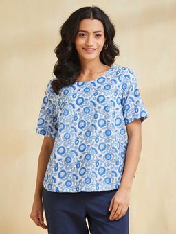 Fabindia - Women Blue Cotton Ajrakh Printed Top