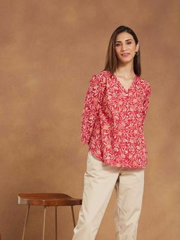 Fabindia - Women Red Cotton Floral Printed Top