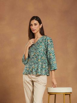 Fabindia - Women Green Cotton Silk Floral Printed Slim Fit Top