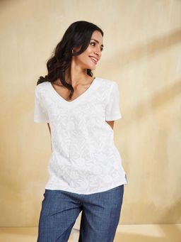 Fabindia - Women White Cotton Embroidered Top