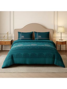 SPACES - Swarna Madhubani Adriatic Blue Cotton Floral Print Bedsheet with 2 Pillow Covers