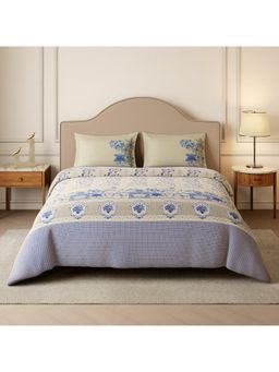SPACES - Swarna Blue Pottery Whisper White Cotton Floral Print Bedsheet with 2 Pillow Covers