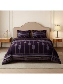 SPACES - Swarna Chikankari Plum Cotton Ornate Printed Bedsheet with 2 Pillow Covers