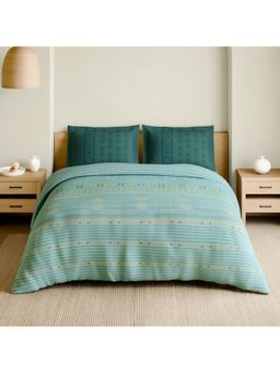 SPACES - Kasuti Blue Glass 210 TC Cotton Geometric Design Bedsheet with 2 Pillow Covers