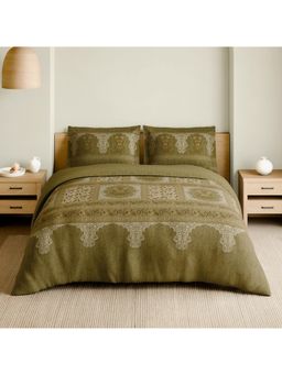 SPACES - Kalamkari Khaki 210 TC Cotton Ornate Print Bedsheet with 2 Pillow Covers