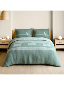 SPACES - Kantha Chalk Green 210 TC Cotton Floral Print Bedsheet with 2 Pillow Covers