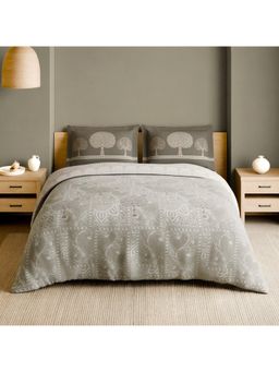 SPACES - Madhubani Grey Alyssum 210 TC Cotton Floral Print Bedsheet with 2 Pillow Covers