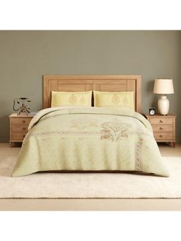 SPACES - Kantha Pear Sorbet Cotton Ornate Printed Bedsheet with 2 Pillow Covers