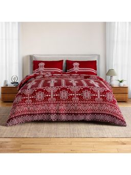 SPACES - Minimal Moons Rhythmic Red 144 TC Cotton Ornate Print Soft Bedsheet with 2 Pillow Covers