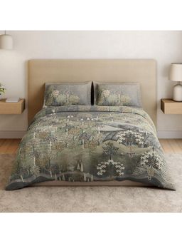 SPACES - Whisper Meadows Grey Flannel 132 TC Cotton Floral Print Soft Bedsheet with 2 Pillow Covers