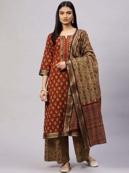 Biba - Red Cotton Unstitched Suit Set (Set of 3)