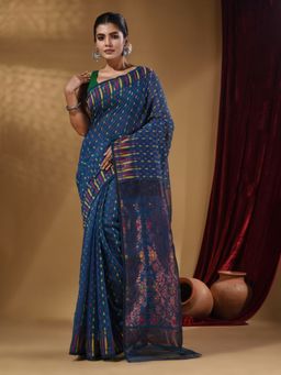 Arhi - Azure Blue Cotton Handwoven jamdhani Saree with Woven Buttas and Floral Designs