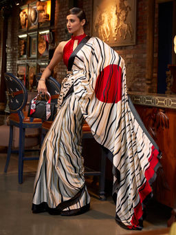 Sareemall - Women's Crepe Off White Printed Celebrity Saree with Unstitched Blouse