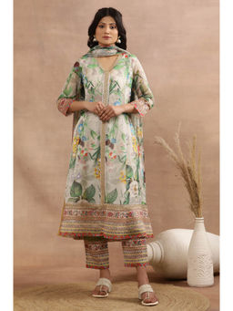 WISHFUL by W - Festive Floral Print Organza Flared Kurta with Pant & Dupatta (Set of 3)