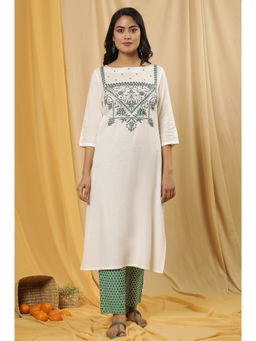 W - Off White Solid Viscose Straight Kurta