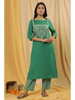 W - Green Solid Viscose Straight Kurta