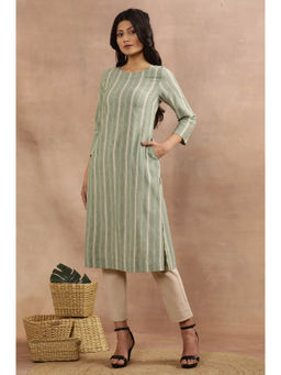 W - Green Striped Print Cotton Straight Kurta
