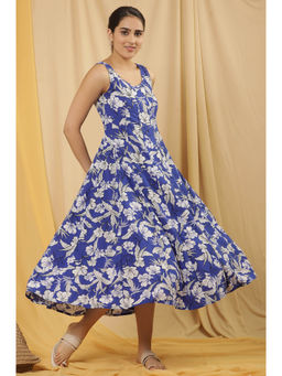 W - Blue Floral Print Rayon A-Line Dress