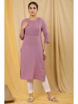 W - Purple Embroidered Cotton Straight Kurta