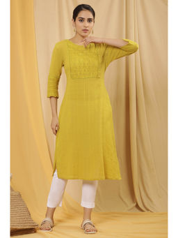 W - Yellow Embroidered Cotton Straight Kurta
