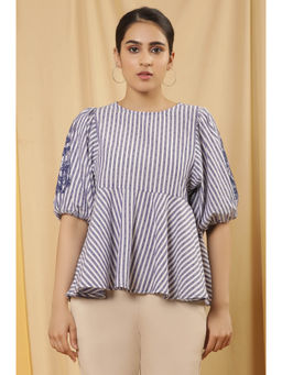W - Striped Print Cotton Flared Top