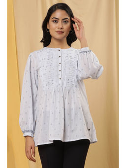 W - Blue Geometric Print Cotton A-Line Top