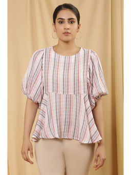 W - Multicolour Striped Print Cotton Straight Top