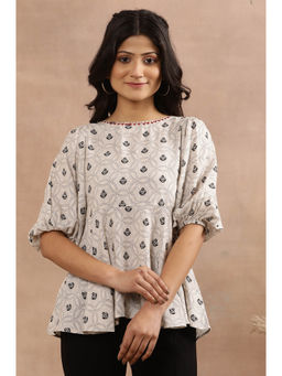 W - Off White Geometric Floral Rayon Straight Top