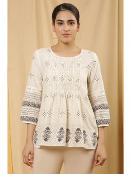 W - Off-White Geometric Print Cotton Straight Top