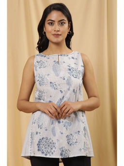 W - Blue Floral Print Cotton A-Line Top