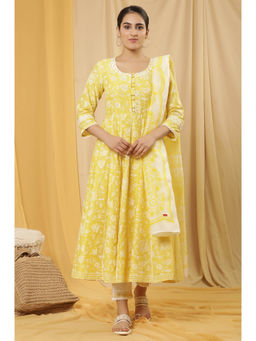 W - Yellow Festive Floral Print Cotton Flared Anarkali Kurta with Pant & Dupatta (Set of 3)