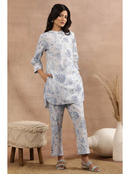 W - Blue Floral Print Cotton Straight Kurta with Pant (Set of 3)