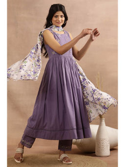 W - Purple Solid Cotton Flared Kurta with Pant & Dupatta (Set of 3)