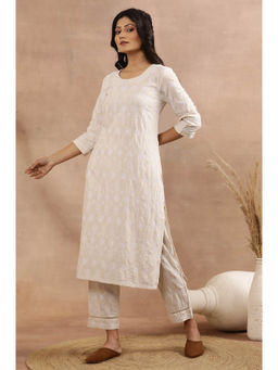 W - Beige Floral Print Rayon Straight Kurta with Pant (Set of 2)