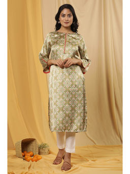 W - Green Festive Geometric Print Satin Straight Kurta with Slim Pant (Set of 2)