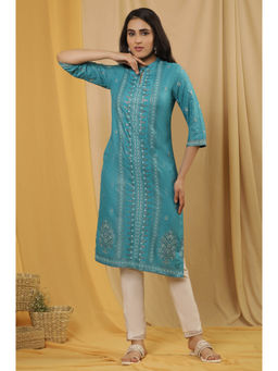 W - Blue Festive Floral Print Viscose Straight Kurta with Slim Pant (Set of 2)