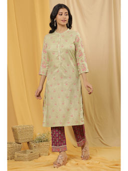 W - Green Floral Print Viscose Straight Kurta with Pant (Set of 2)